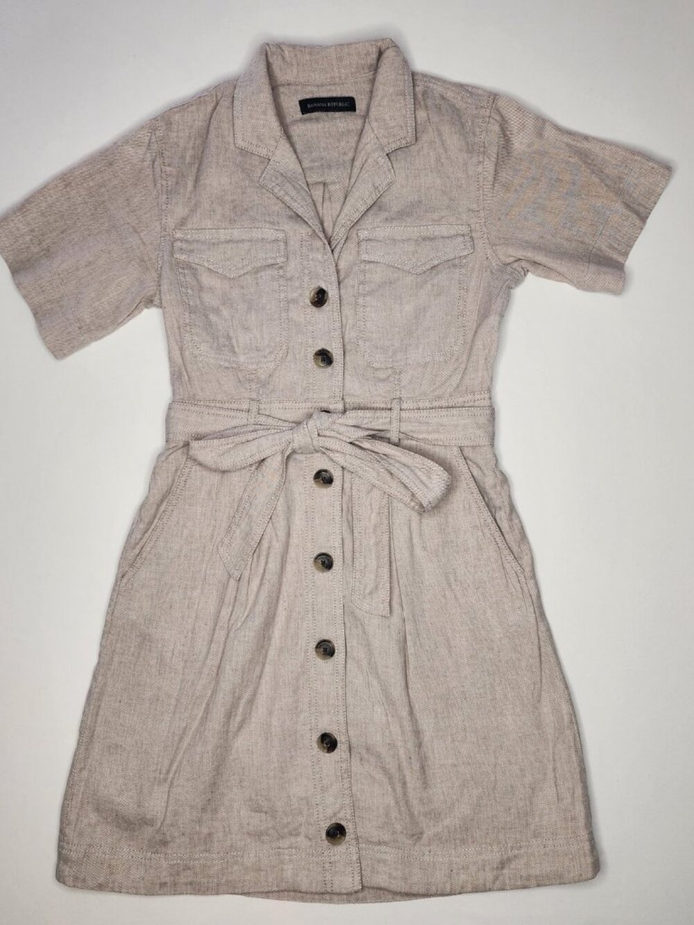 Banana Republic Linen Shirt Dress Tan, Petite 00 Belted Safari Style